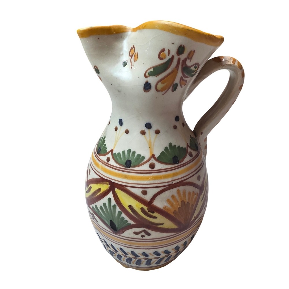 Vintage Toledo G.M. Spanish Hand Painted Ceramic Pitcher Pottery Spouted Jug E1